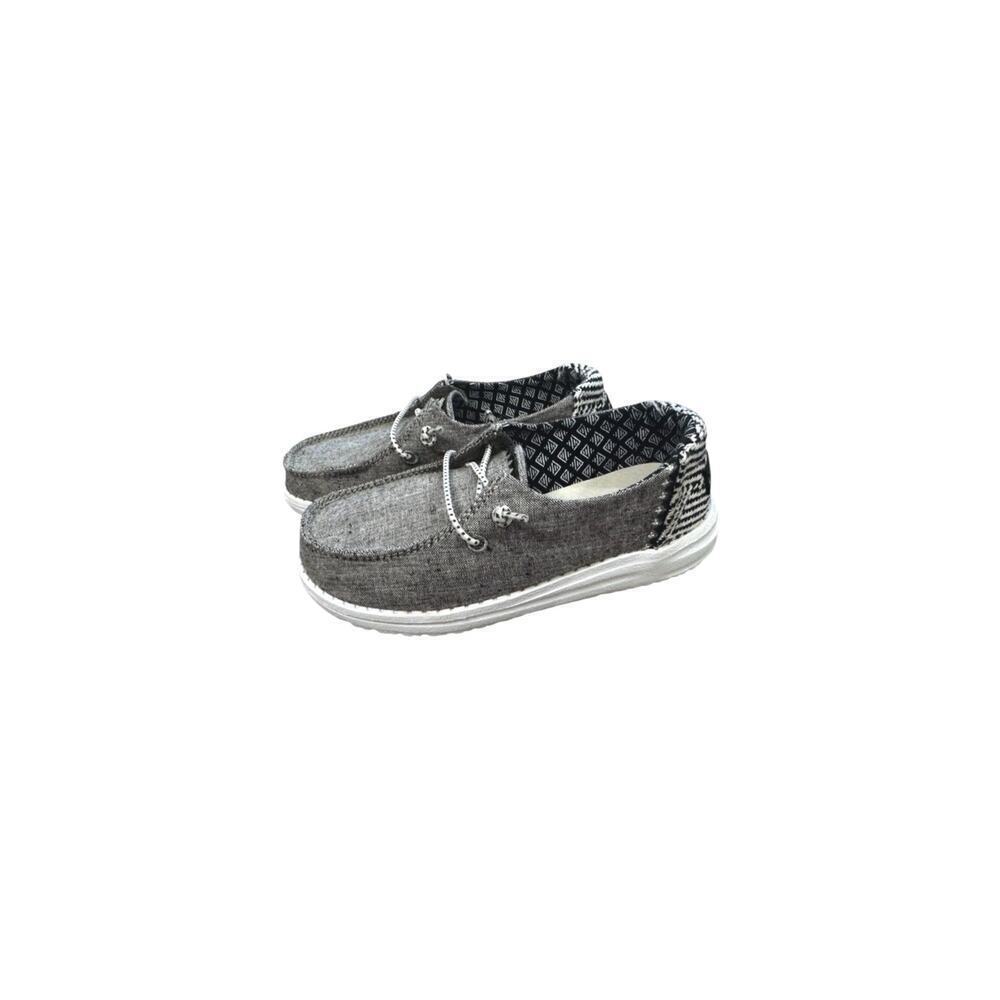 HeyDude Wendy Woven Chambray Onyx Shoe Slip On Grey Black White TD12.